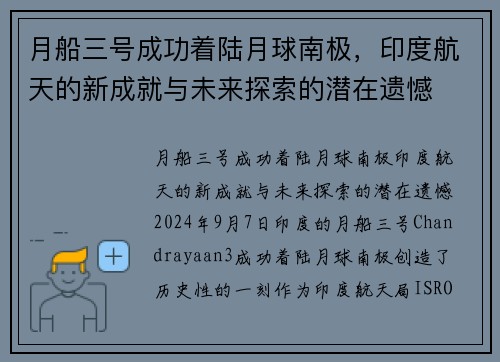 月船三号成功着陆月球南极，印度航天的新成就与未来探索的潜在遗憾