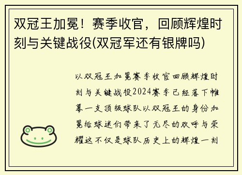 双冠王加冕！赛季收官，回顾辉煌时刻与关键战役(双冠军还有银牌吗)
