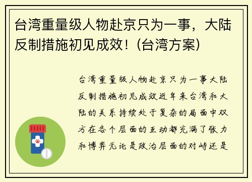 台湾重量级人物赴京只为一事，大陆反制措施初见成效！(台湾方案)