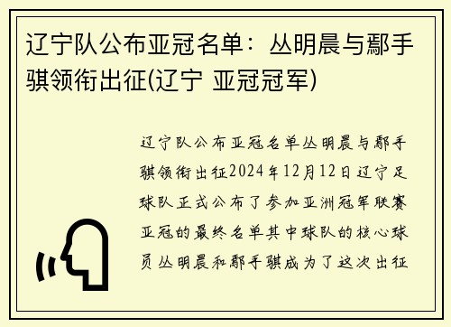 辽宁队公布亚冠名单：丛明晨与鄢手骐领衔出征(辽宁 亚冠冠军)
